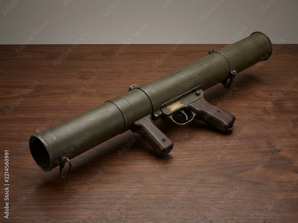 Fototapeta premium Vintage military bazooka antitank rocket launcher on a wooden table