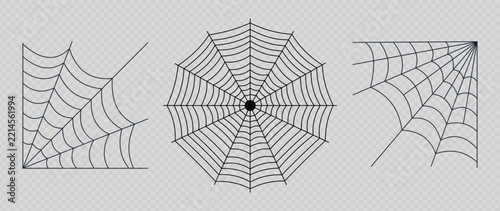 Spooky black spiderweb and corner cobweb vector elements on transparent background