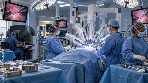 Surgical team performing robotic-assisted laparoscopic surgery in modern operating room, three surgeons beside patient with robotic arms, control console