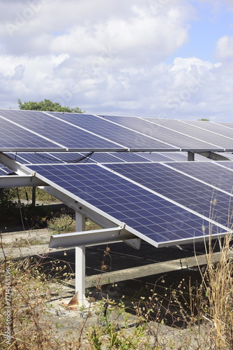 Sol incidindo sobre placas de painel solar em parque de energia fotovoltaica