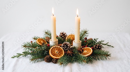 ** Elegant Holiday Candle Centerpiece with Pine Cones and Dried Oranges for Festive Table Decor