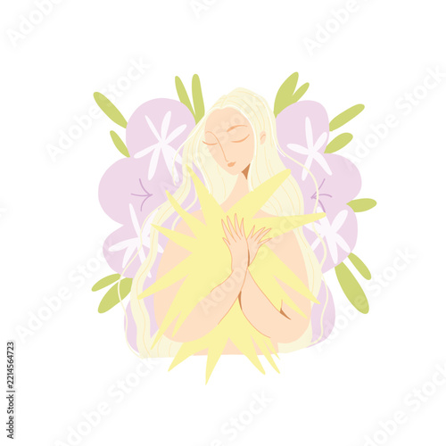 Beautiful young woman holding a shining star, symbolizing dreams, self-love and inspiration. Elegant vector illustration on a clean white background.