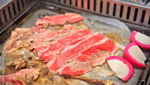 Sliced Beef on Grill, Fresh Meat Cooking on grilled pan