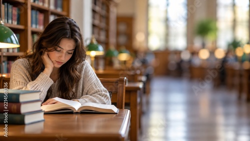 Young Woman Reading at a Wooden Desk in a Warmly Lit Library