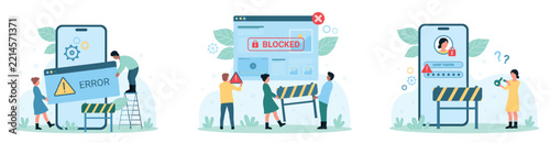 Network error, account block set vector illustration. Cartoon tiny people holding warning message and road barrier near blocked website, broken denied key to access mobile app on phone screen