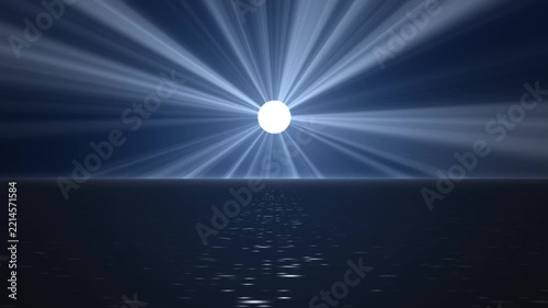 Night seascape with bright white moon shining over dark blue ocean with shimmering water reflection seamless loop animation