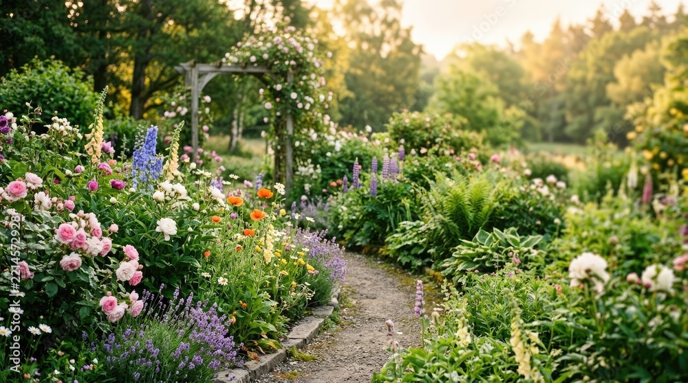 Fototapeta premium A vibrant garden path winds through a lush, colorful flowerbed. A rustic wooden archway is adorned with climbing roses and other blooms.