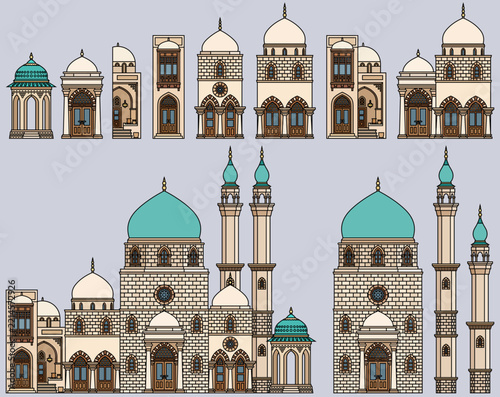 Set of oriental arabic mosques, palaces, minarets and building elements in line art vector style. Architectural kit of islamic facades, domes and windows on gray background.