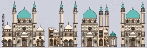 Set of oriental arabic mosques and palaces with turquoise domes and minarets in line art style. Vector collection of islamic architectural facades and building elements on gray background.