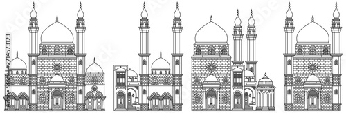 Arabic mosque buildings seamless border and set in outline paper cut style. Islamic architecture landmarks isolated vector banner template.