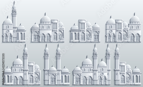Set of white oriental arabic mosques, palaces, minarets and building elements in paper cut style. Vector 3D monochrome architectural kit of islamic facades on light background.   