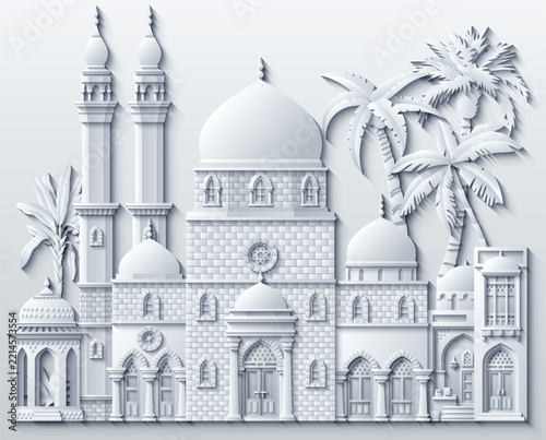 White paper cut style 3D vector illustration of oriental mosques and palaces with domes, minarets, and palm trees. Elegant monochrome islamic architectural landscape on light background.