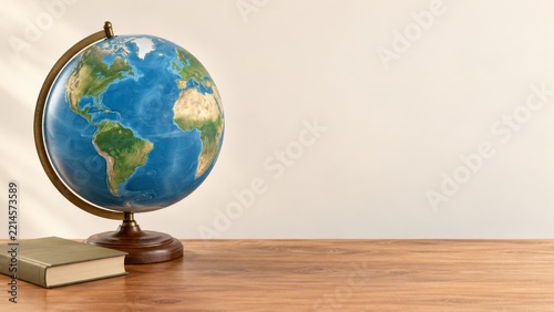 World Globe on a Wooden Stand beside a Book against a Pale Wall