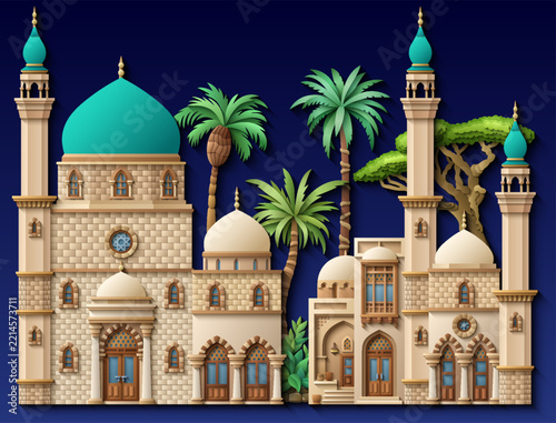 Oriental arabic palaces and mosques with turquoise domes, minarets and palm trees in paper cut style. Vector 3D architectural landscape of eastern palace facades on dark blue background.