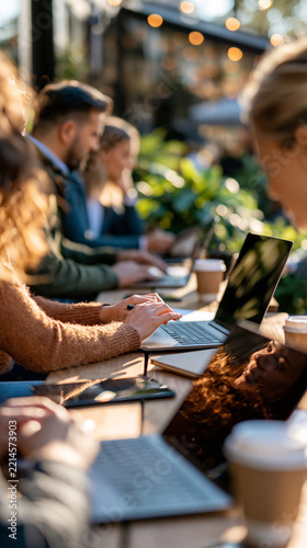 Freelancers seen from behind working on their devices outdoors at a bright table laptops and tablets coffee cups sunny terrace with plants freelancers working devices outdoors