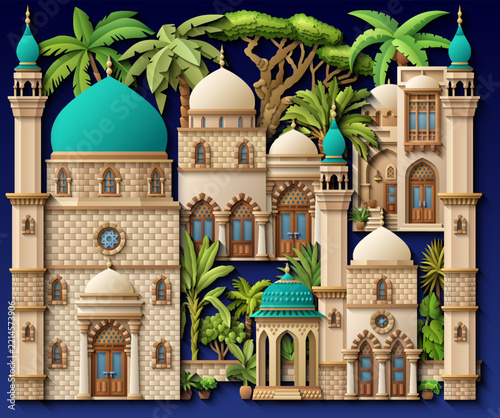 Oriental arabic palaces and mosques with turquoise domes, minarets and palm trees in paper cut style. Vector 3D architectural landscape of eastern palace facades on dark blue background.