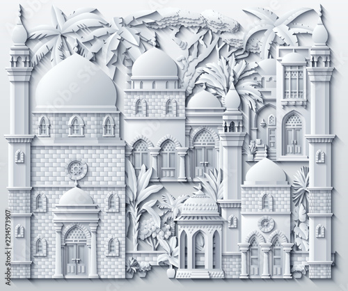 White paper cut style 3D vector illustration of oriental mosques and palaces with domes, tall minarets, palm trees and pines. Elegant monochrome arabic architectural landscape on light background