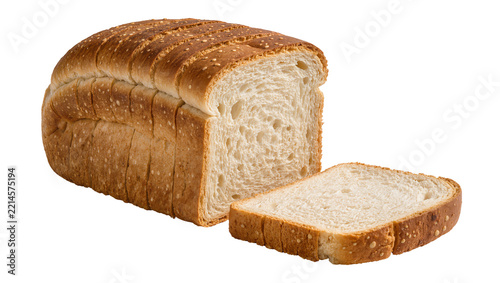 Sliced loaf of white bread with a golden crust, isolated on transparent background