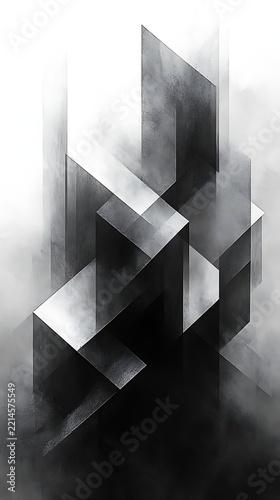 This image displays three dimensional geometric structures in grayscale with varying light and shadow