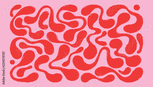Abstract pink background, bold red organic blobs, wavy brush shapes, irregular curved lines, grunge texture, modern geometric pattern, playful fluid forms, trendy decorative vector illustration