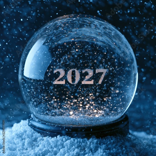 Glass snow globe featuring 2027 on snow covered base with falling flakes