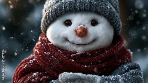 Snowman smiling wrapped in scarf in snowy outdoor scene