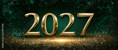 Gold 2027 numerals glowing on green glittery background