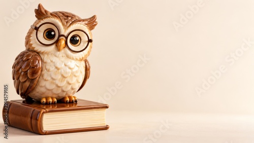 Glossy Ceramic Owl Wearing Round Glasses while Perched on a Book