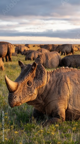 Pachyrhinosaurus herd resting on arctic plain at sunrise background for wildlife banner and nature design
