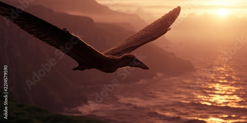 Quetzalcoatlus soaring over dramatic coastal cliffs at sunset background for nature landscape wallpaper and banner design