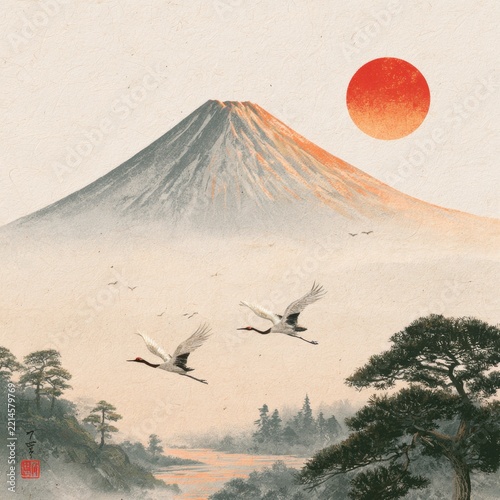 Mount fuji cranes flying over misty river valley at sunrise