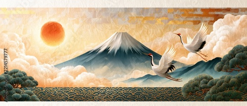 Mount fuji with cranes flying over stylized ocean sunrise