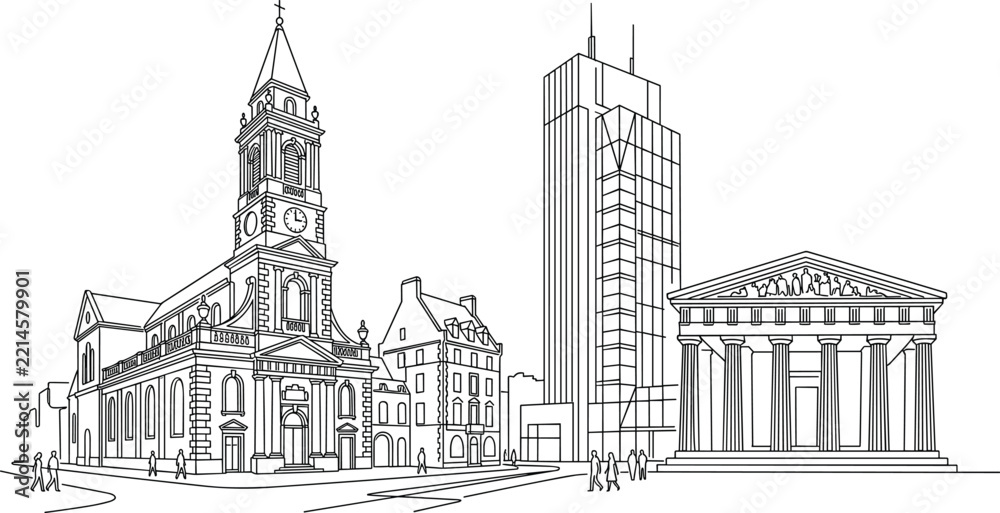 Fototapeta premium Architectural Cityscape Sketch with Buildings, Towers, and Classical Facades
