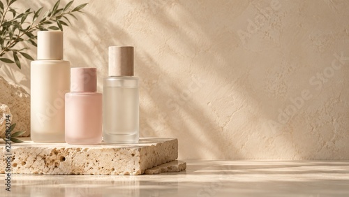 Frosted Cosmetic Bottles on Travertine With Warm Botanical Shadows