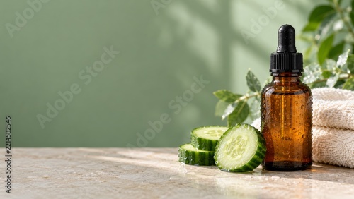 Amber Serum Bottle With Cucumber Slices and Folded Spa Towels