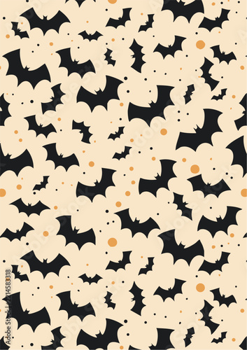 Halloween Bat Seamless Pattern with Black Bats on Cream Background