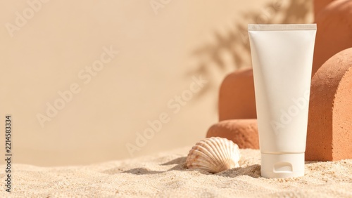 Ivory Sunscreen Tube With Seashell and Terracotta Blocks on Warm Sand