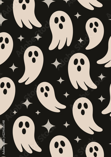 Cute Halloween Ghosts and Stars Seamless Pattern on Black Background