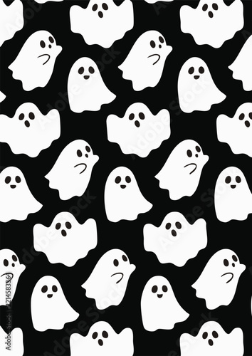 Cute Ghost Seamless Halloween Pattern on Black Background