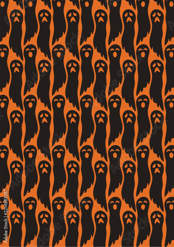 Spooky Halloween Ghost Seamless Pattern on Black and Orange Background