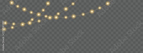 Golden String Lights with Glowing Bulbs on Transparent Background