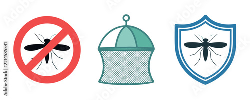 Mosquito defense symbols featuring warning sign protective dome net and shield icons for pest control brand.