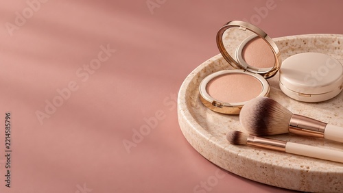 Gold Powder Compacts and Makeup Brushes Arranged on a Stone Tray