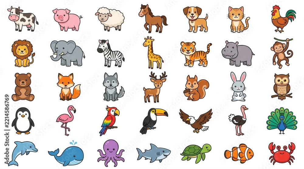 Fototapeta premium Set of cute cartoon animal stickers featuring various wild and domestic creatures arranged in a grid on white background
