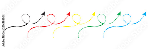 Colorful Dotted Arrow Lines Set with Black, Red, Yellow, Green and Orange Directional Arrows Isolated on White Background