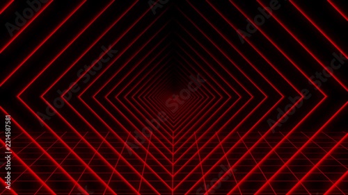Red neon geometric tunnel with perspective grid on black futuristic background