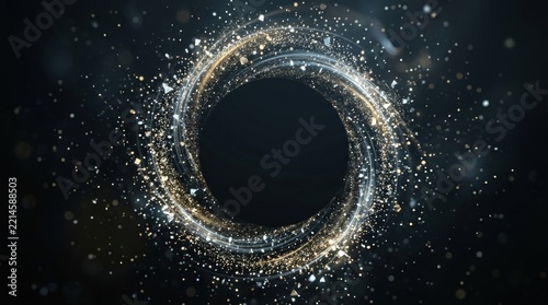 Abstract circular motion of glowing light particles forming a dynamic vortex shape against a dark black background space