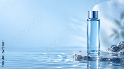 Blue Toner Bottle on a Rock Island Beneath a Frosted Glass Arch