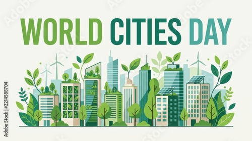World cities day illustration featuring a sustainable green urban landscape with modern skyscrapers and lush nature elements for environment