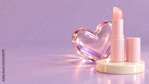 Pink Lip Balm With a Clear Glass Heart on an Ivory Round Pedestal